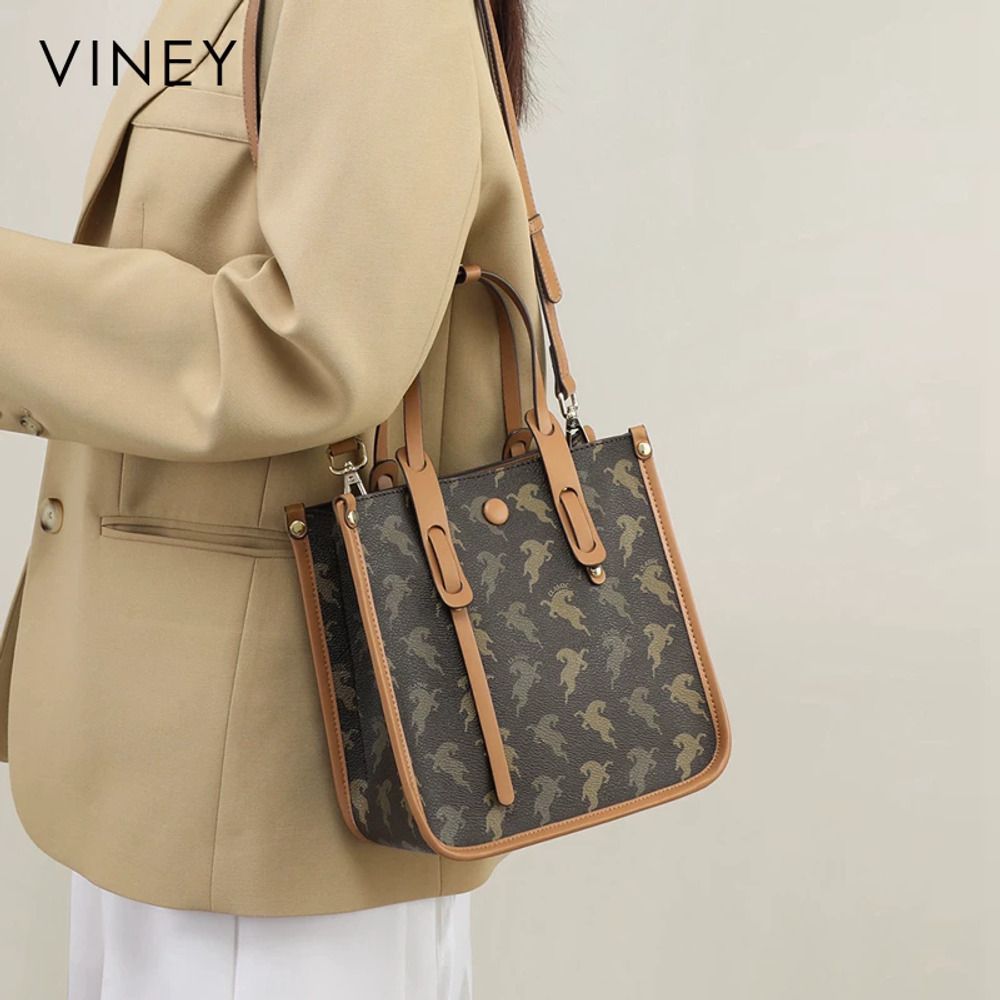 VINEY Cocoa Printed Convertible Tote Bag in cocoa, shoulder carry