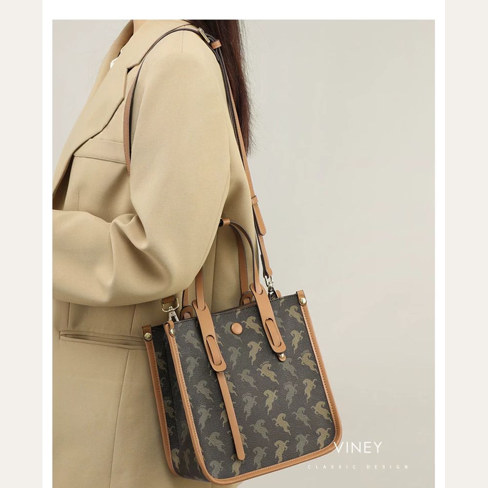 VINEY Cocoa Printed Convertible Tote Bag in cocoa, side shoulder