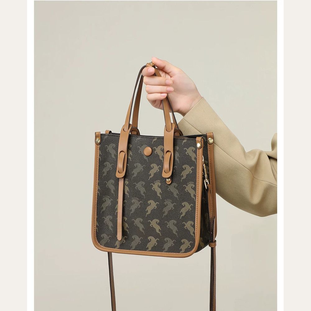 VINEY Cocoa Printed Convertible Tote Bag in cocoa, front hand carry