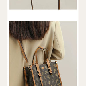 VINEY Cocoa Printed Convertible Tote Bag in cocoa, close shoulder