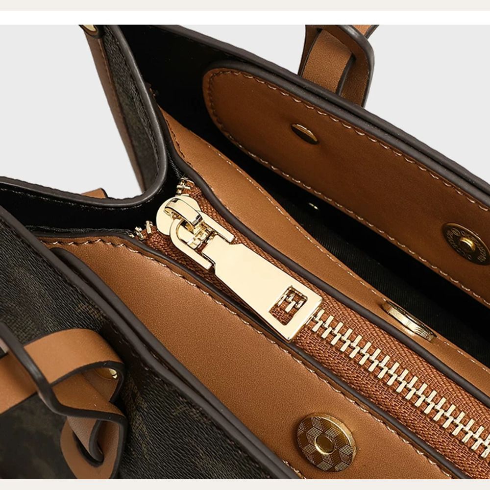 VINEY Cocoa Printed Convertible Tote Bag in cocoa, zip top detail