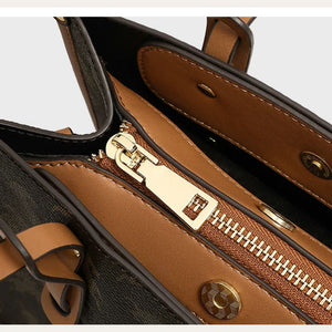 VINEY Cocoa Printed Convertible Tote Bag in cocoa, zip top detail