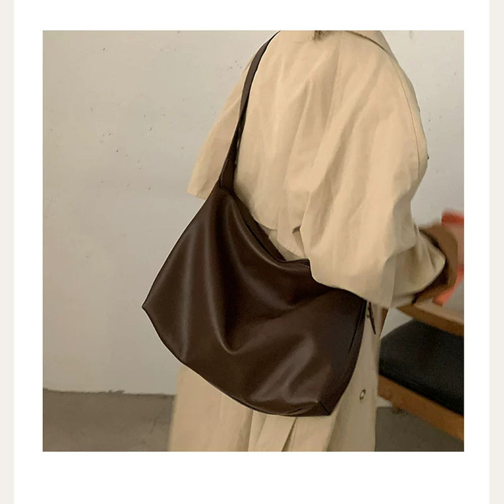 VINEY Coffee Brown Leather Shoulder Tote Bag in coffee brown, rear view