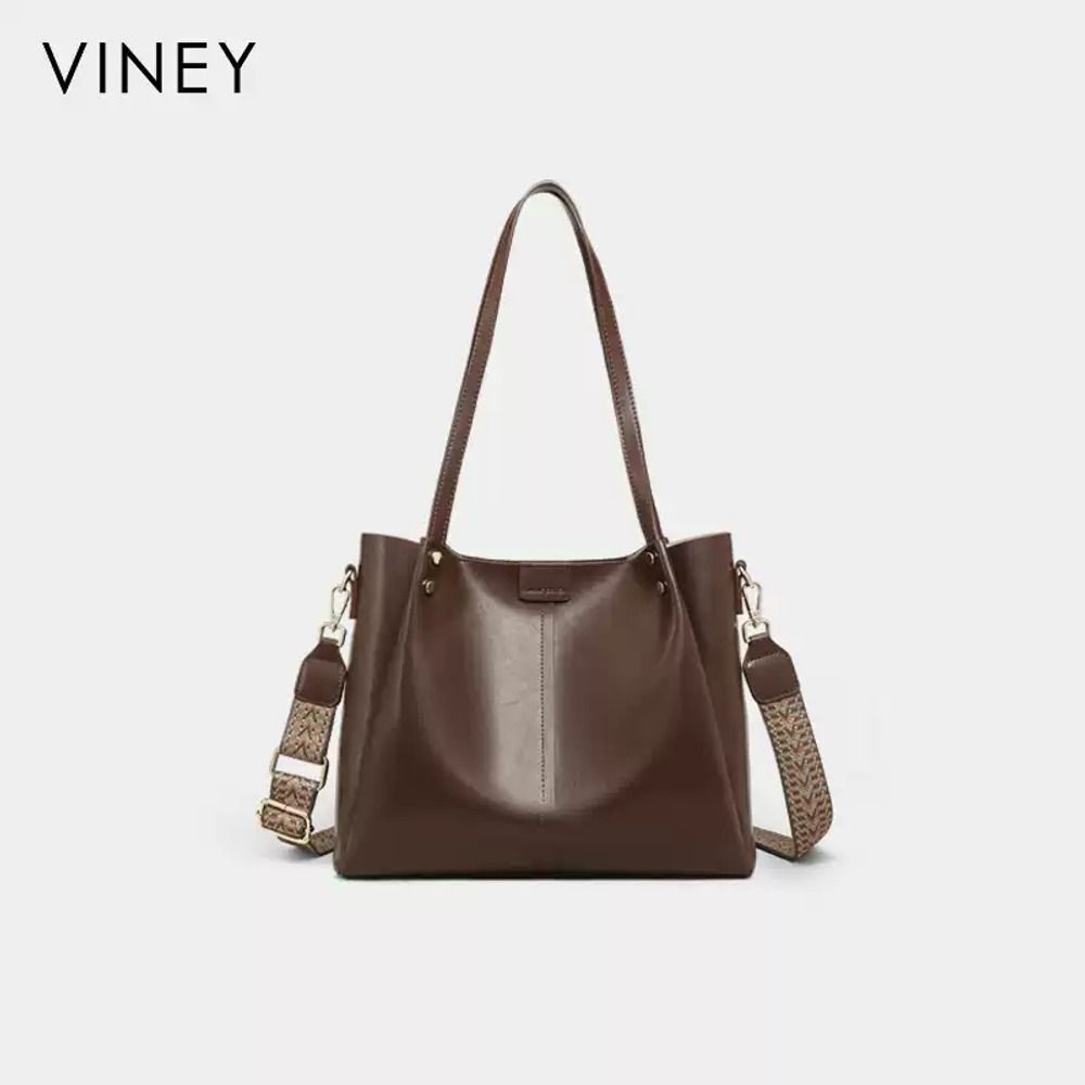 VINEY Coffee Leather Convertible Tote Bag in coffee, studio front