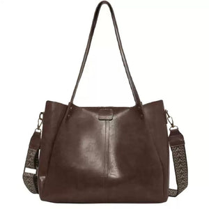 VINEY Coffee Leather Convertible Tote Bag in coffee, studio back