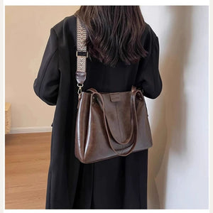 VINEY Coffee Leather Convertible Tote Bag in coffee, front lifestyle