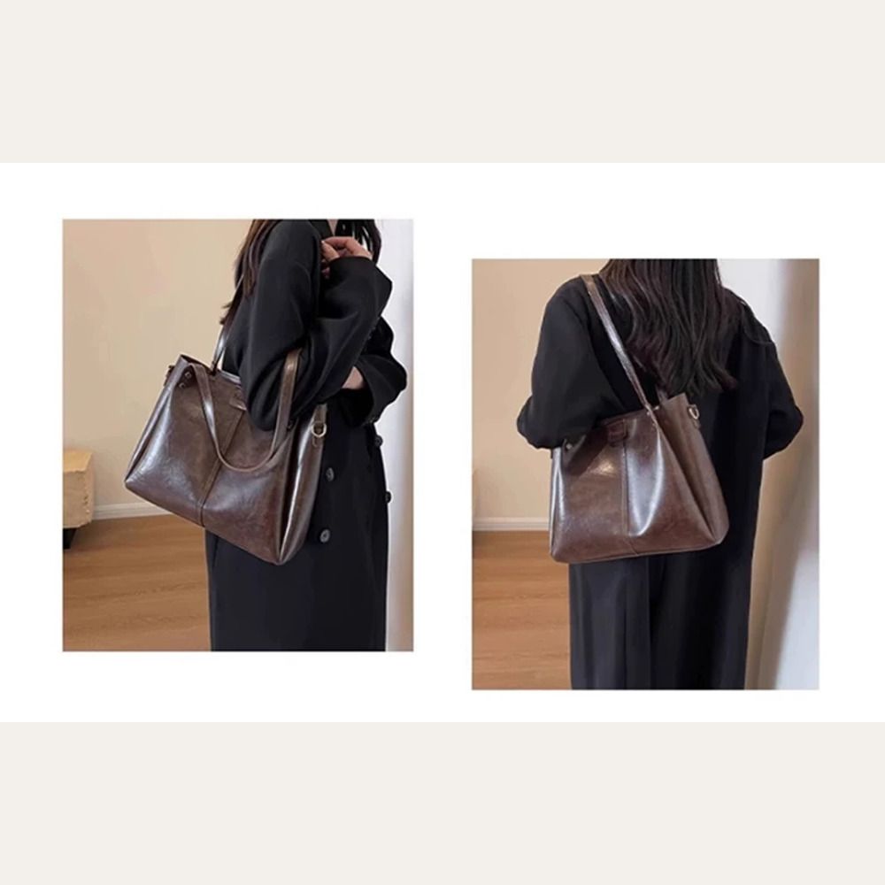VINEY Coffee Leather Convertible Tote Bag in coffee, styling pair