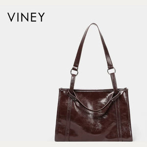 VINEY Glossy Leather Commuter Tote and Crossbody Bag in brown