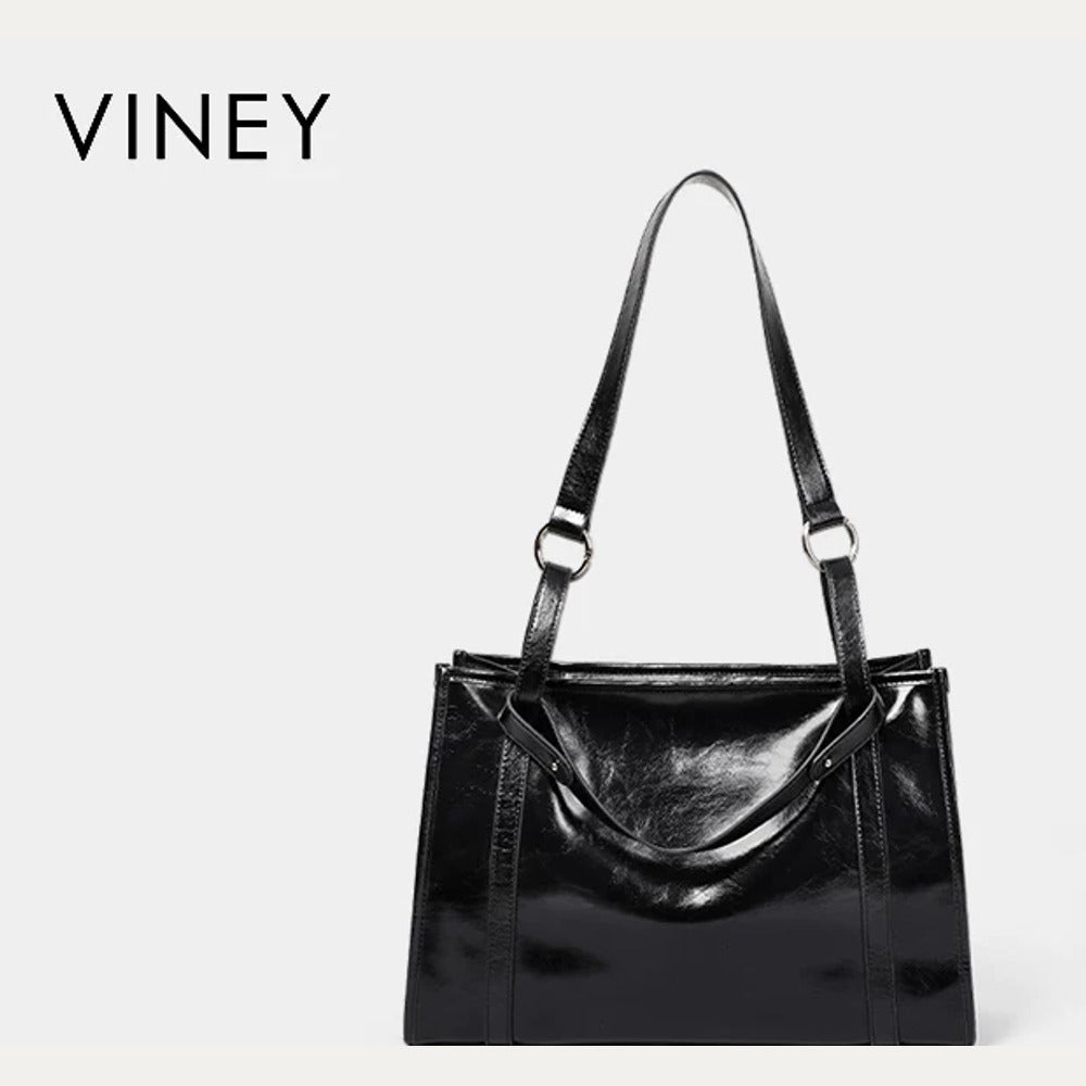 VINEY Glossy Leather Commuter Tote and Crossbody Bag in black