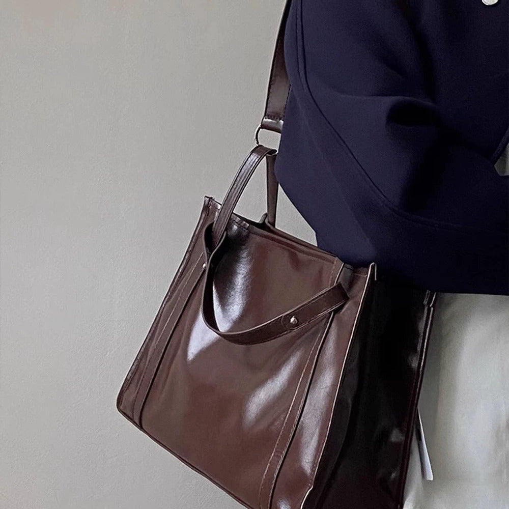 VINEY Glossy Leather Commuter Tote and Crossbody Bag in brown, shoulder carry