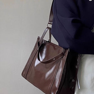 VINEY Glossy Leather Commuter Tote and Crossbody Bag in brown, shoulder carry