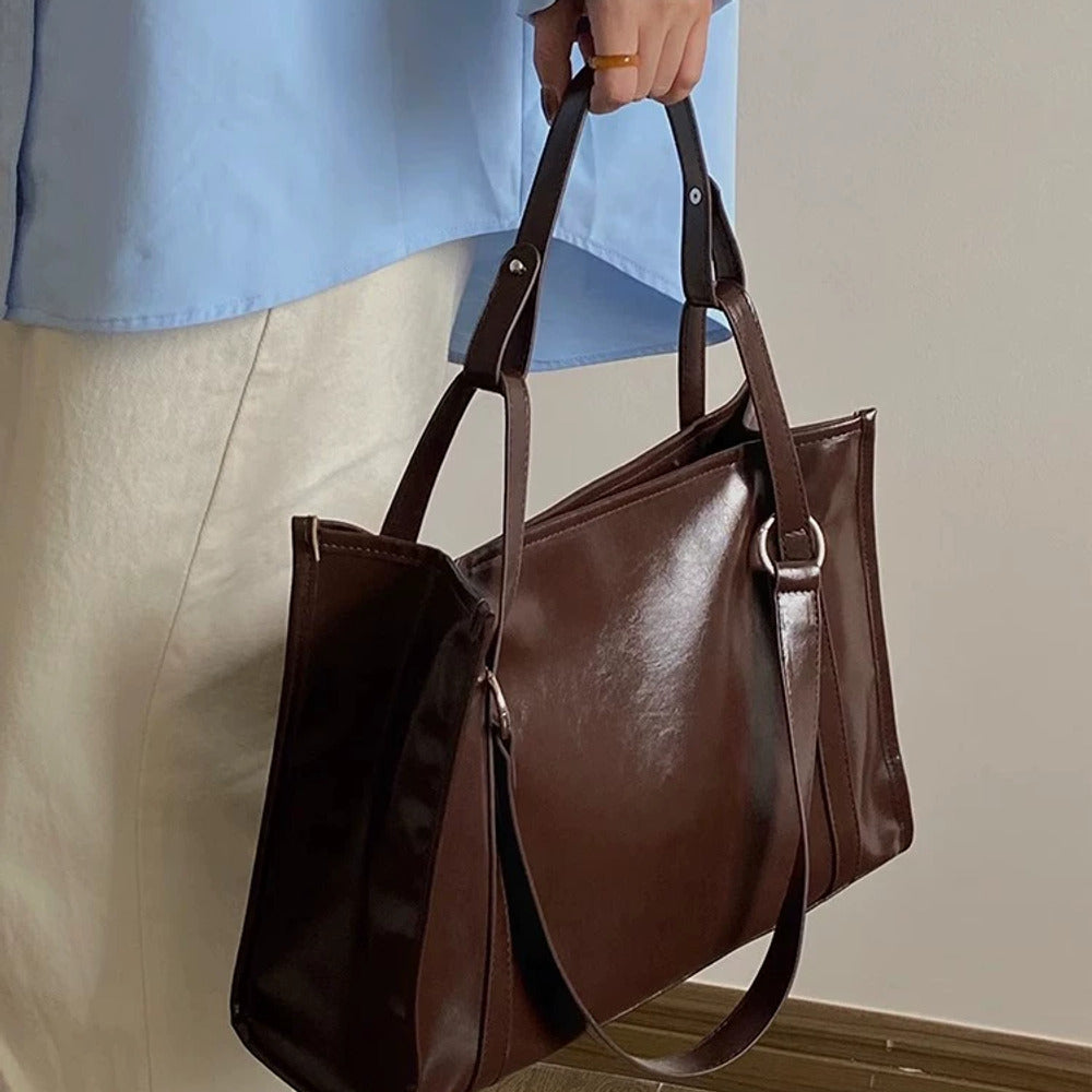 VINEY Glossy Leather Commuter Tote and Crossbody Bag in brown, hand carry