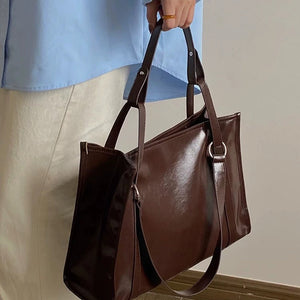 VINEY Glossy Leather Commuter Tote and Crossbody Bag in brown, hand carry