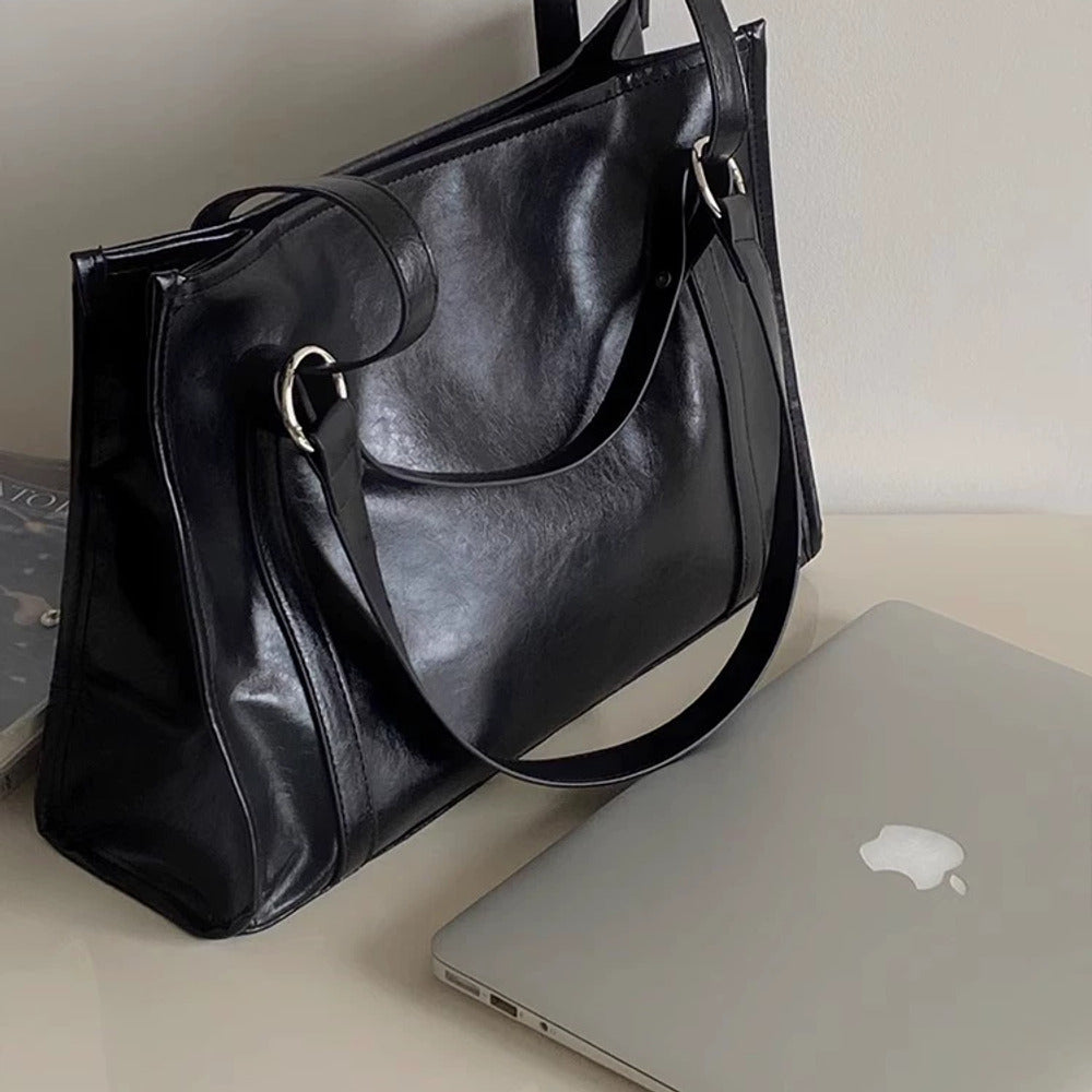 VINEY Glossy Leather Commuter Tote and Crossbody Bag in black, studio view