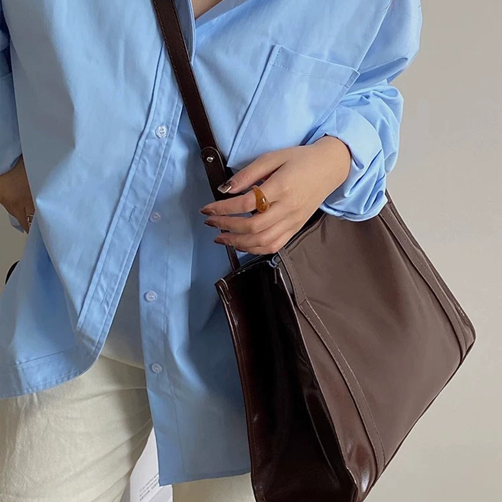 VINEY Glossy Leather Commuter Tote and Crossbody Bag in brown, crossbody carry