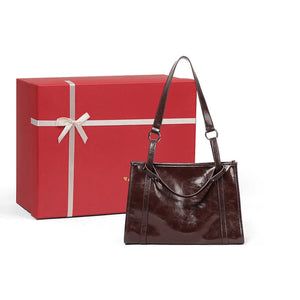 VINEY Glossy Leather Commuter Tote and Crossbody Bag in brown, gift set