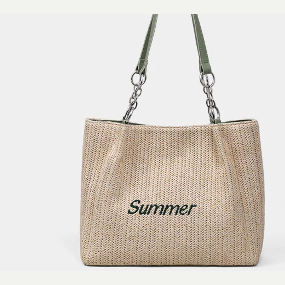 VINEY Green Woven Summer Tote Bag in green, front view