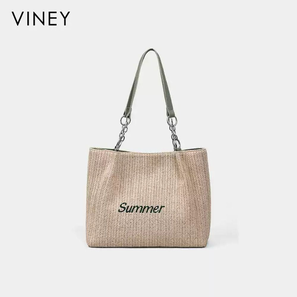 VINEY Green Woven Summer Tote Bag in green, clean front