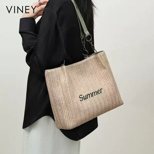 VINEY Green Woven Summer Tote Bag in green, shoulder carry