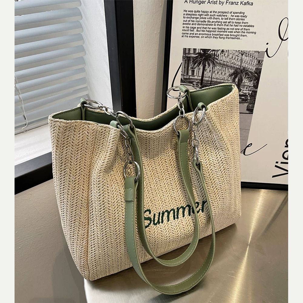 VINEY Green Woven Summer Tote Bag in green, window lifestyle