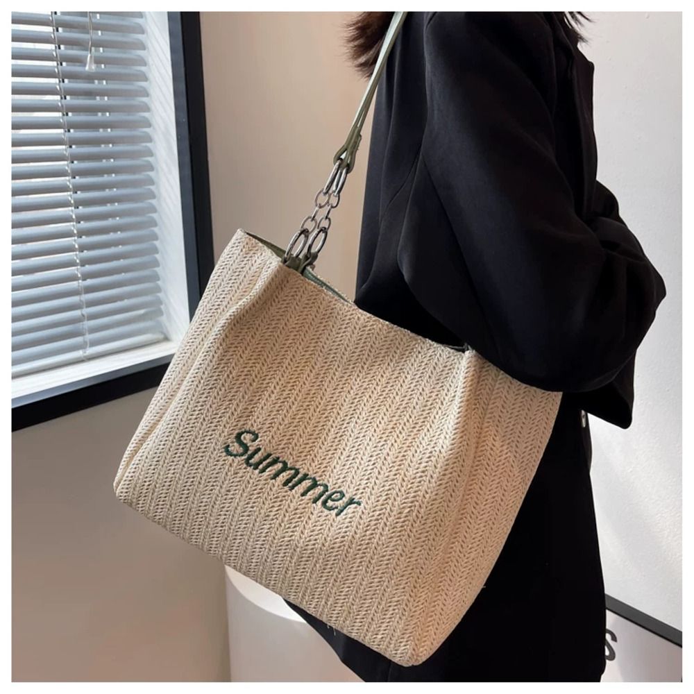 VINEY Green Woven Summer Tote Bag in green, side lifestyle