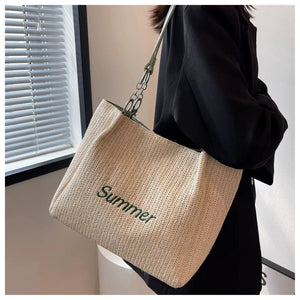 VINEY Green Woven Summer Tote Bag in green, side lifestyle