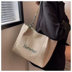VINEY Green Woven Summer Tote Bag in green, back lifestyle