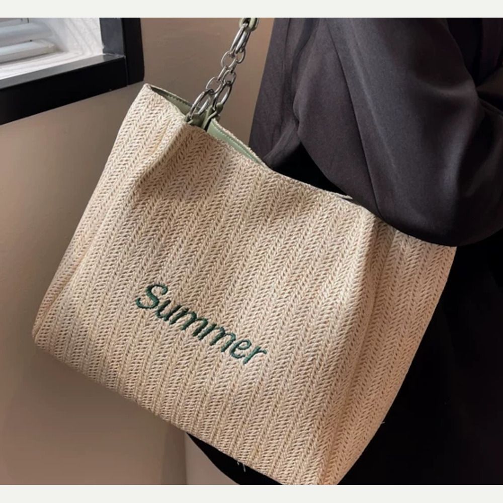 VINEY Green Woven Summer Tote Bag in green, bag body close-up