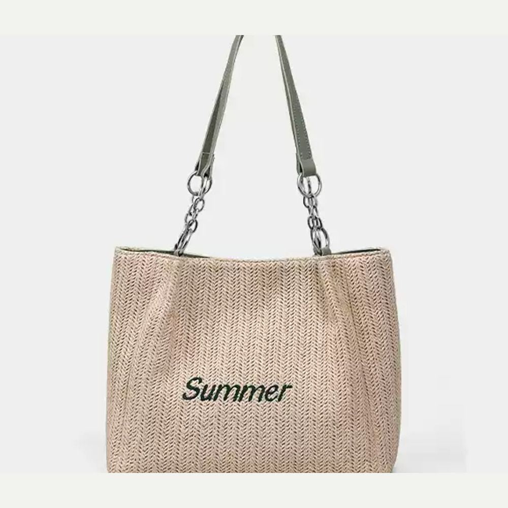 VINEY Green Woven Summer Tote Bag in green, studio closeup