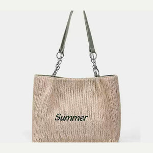 VINEY Green Woven Summer Tote Bag in green, studio closeup