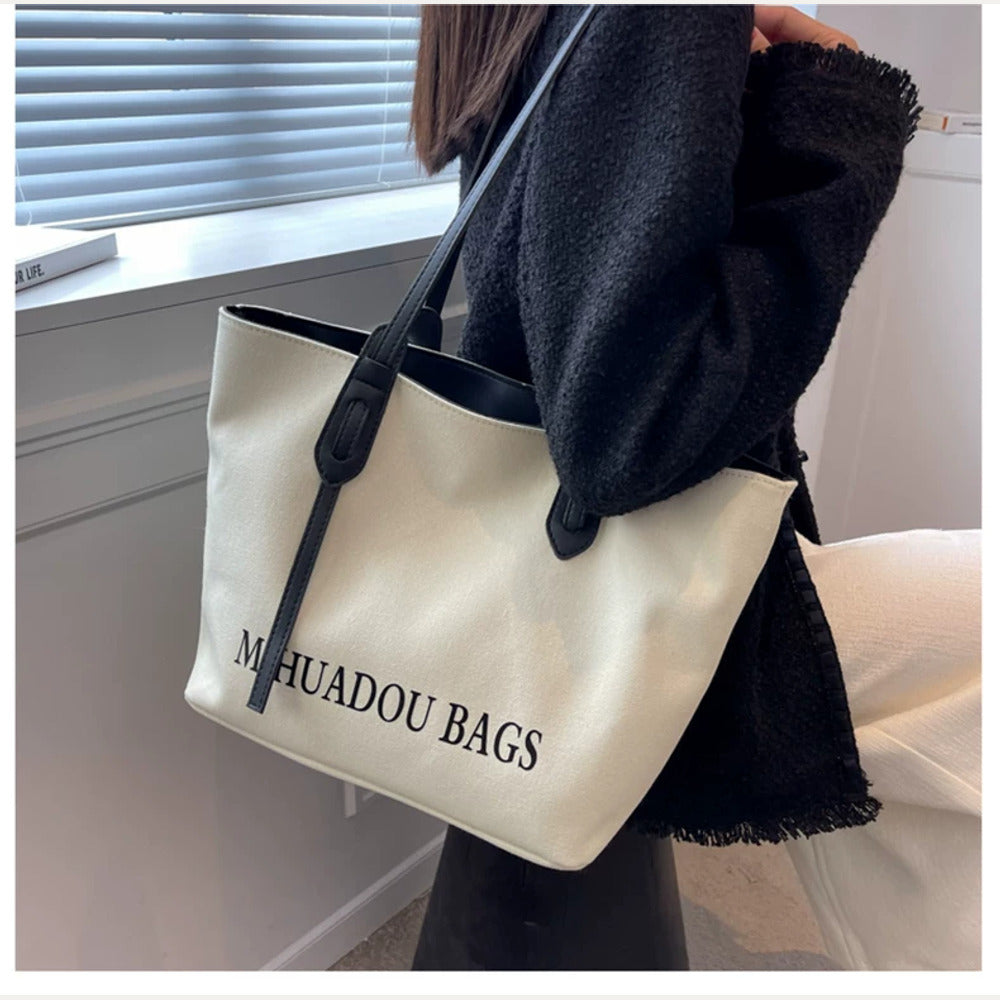 VINEY Ivory Canvas Commuter Tote Bag