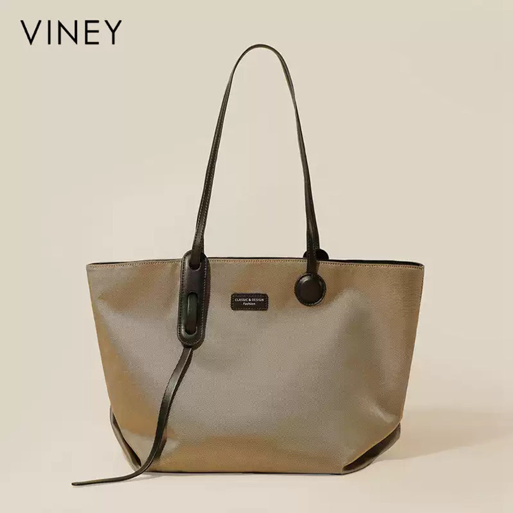 VINEY Khaki Canvas Tote and Crossbody Pouch Set in khaki, front view