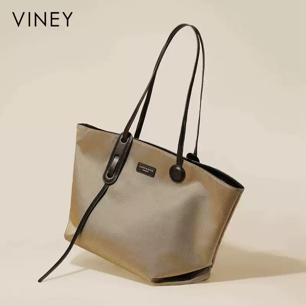 VINEY Khaki Canvas Tote and Crossbody Pouch Set in khaki, angled view