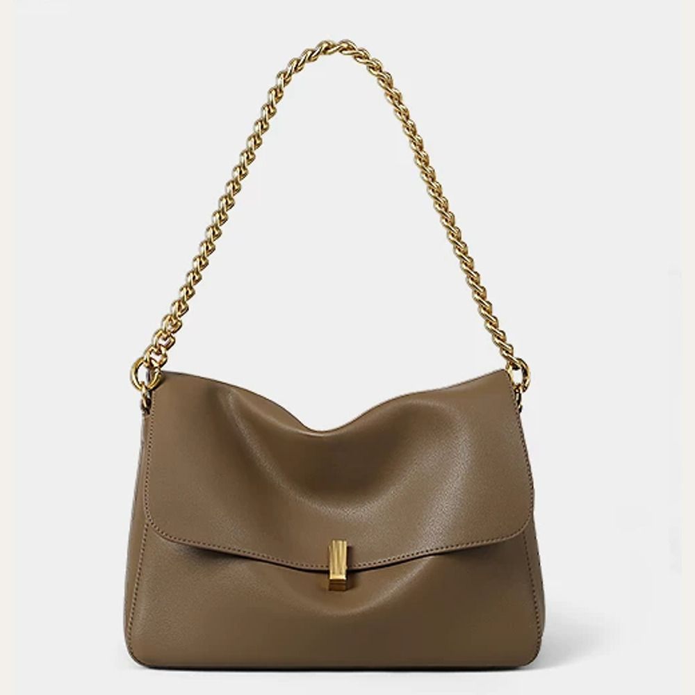 VINEY Khaki Chain Hobo Tote Bag in khaki, front view