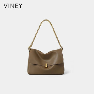 VINEY Khaki Chain Hobo Tote Bag in khaki, studio front