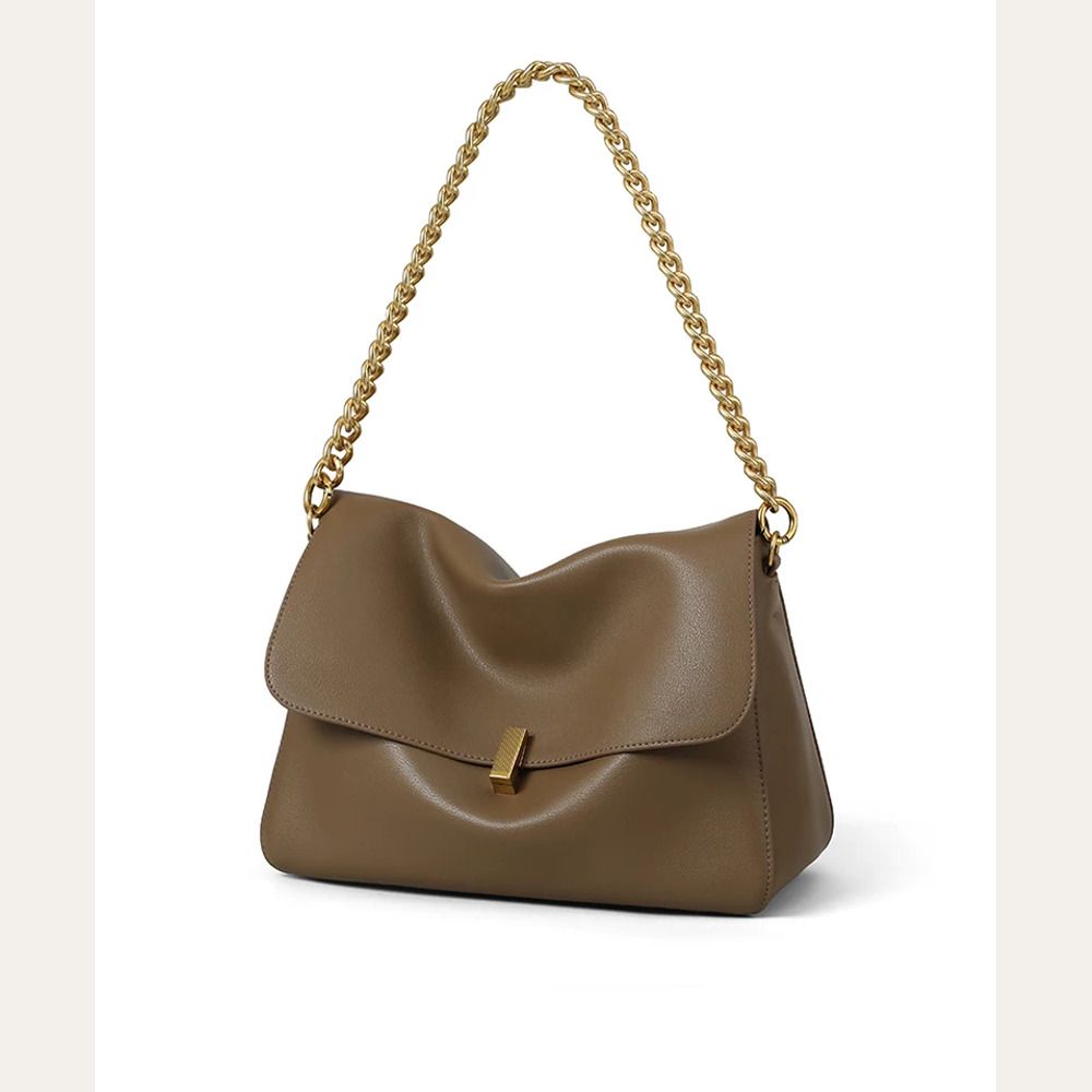 VINEY Khaki Chain Hobo Tote Bag in khaki, angled front