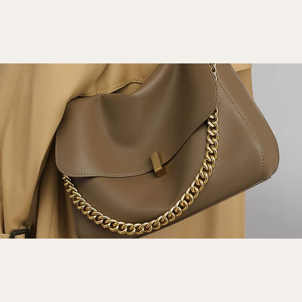 VINEY Khaki Chain Hobo Tote Bag in khaki, chain detail