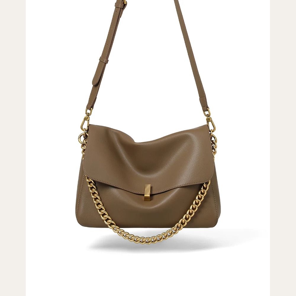 VINEY Khaki Chain Hobo Tote Bag in khaki, long strap carry