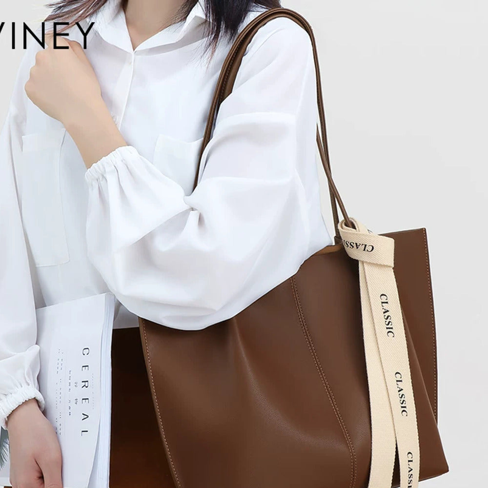 VINEY Large Leather Commuter Tote Bag, shoulder carry