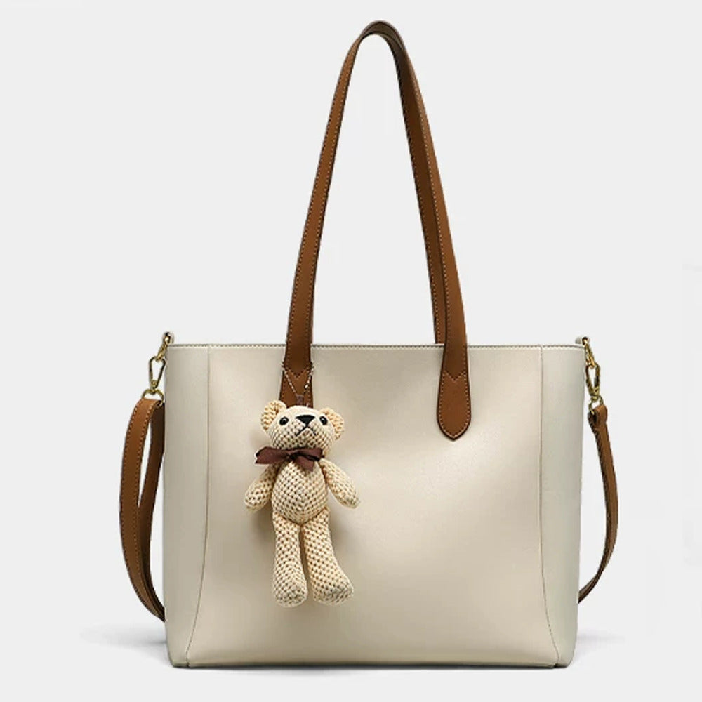 VINEY Large Leather Tote Bag with Bear Charm in beige