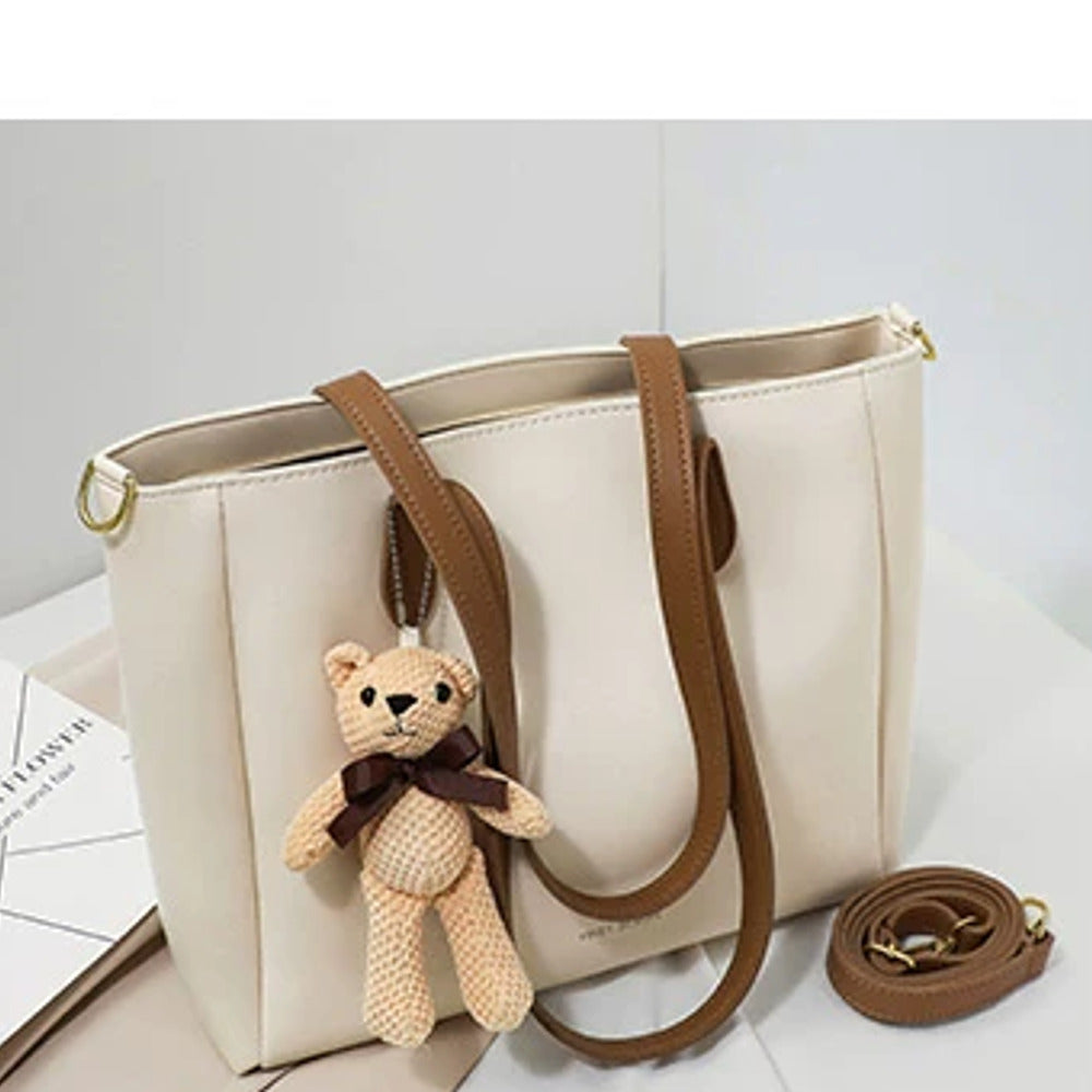 VINEY Large Leather Tote Bag with Bear Charm, still life
