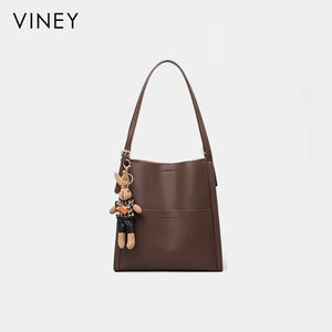 VINEY Leather Bucket Tote Bag with Rabbit Charm in coffee
