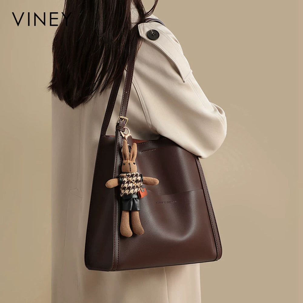 VINEY Leather Bucket Tote Bag with Rabbit Charm, shoulder carry