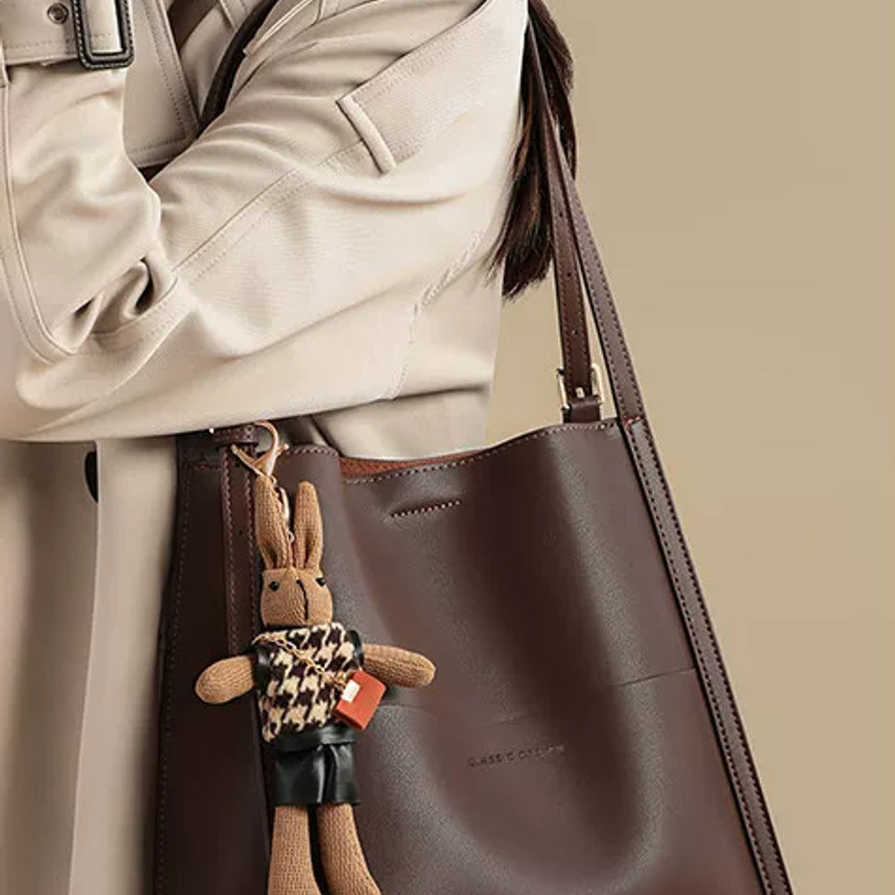 VINEY Leather Bucket Tote Bag with Rabbit Charm, lifestyle view