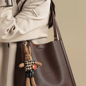 VINEY Leather Bucket Tote Bag with Rabbit Charm, lifestyle view