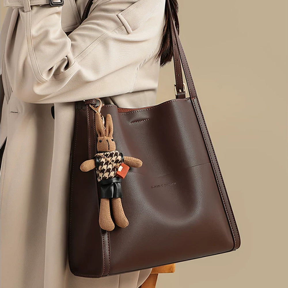 VINEY Leather Bucket Tote Bag with Rabbit Charm, model view