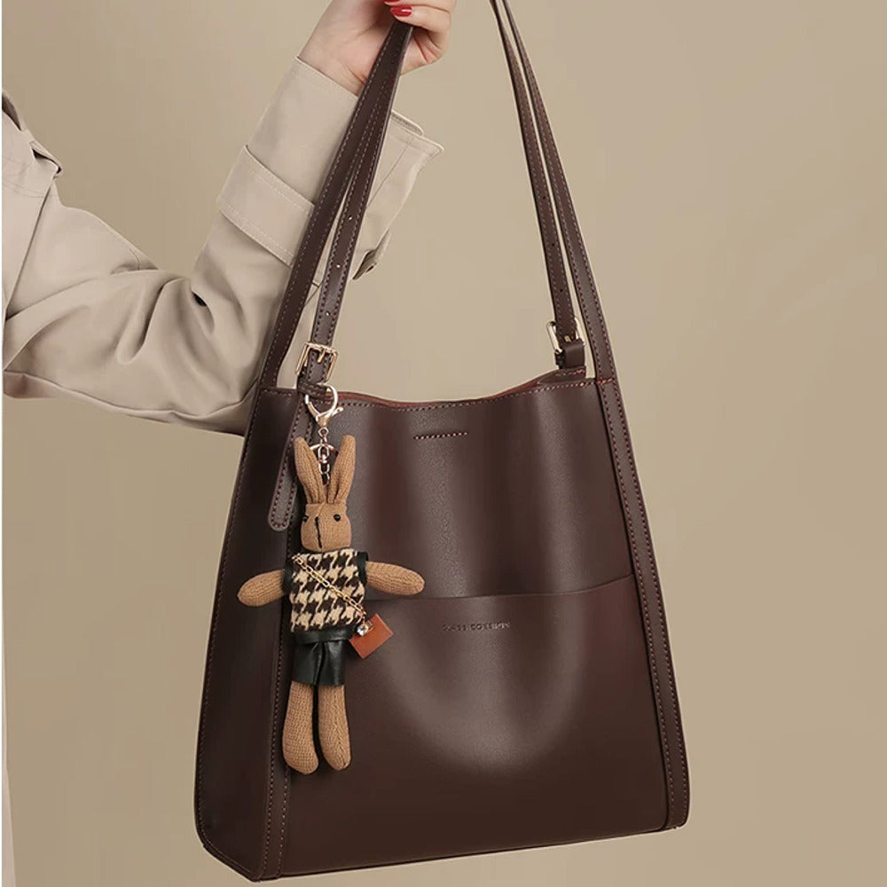 VINEY Leather Bucket Tote Bag with Rabbit Charm, hand carry