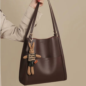 VINEY Leather Bucket Tote Bag with Rabbit Charm, hand carry