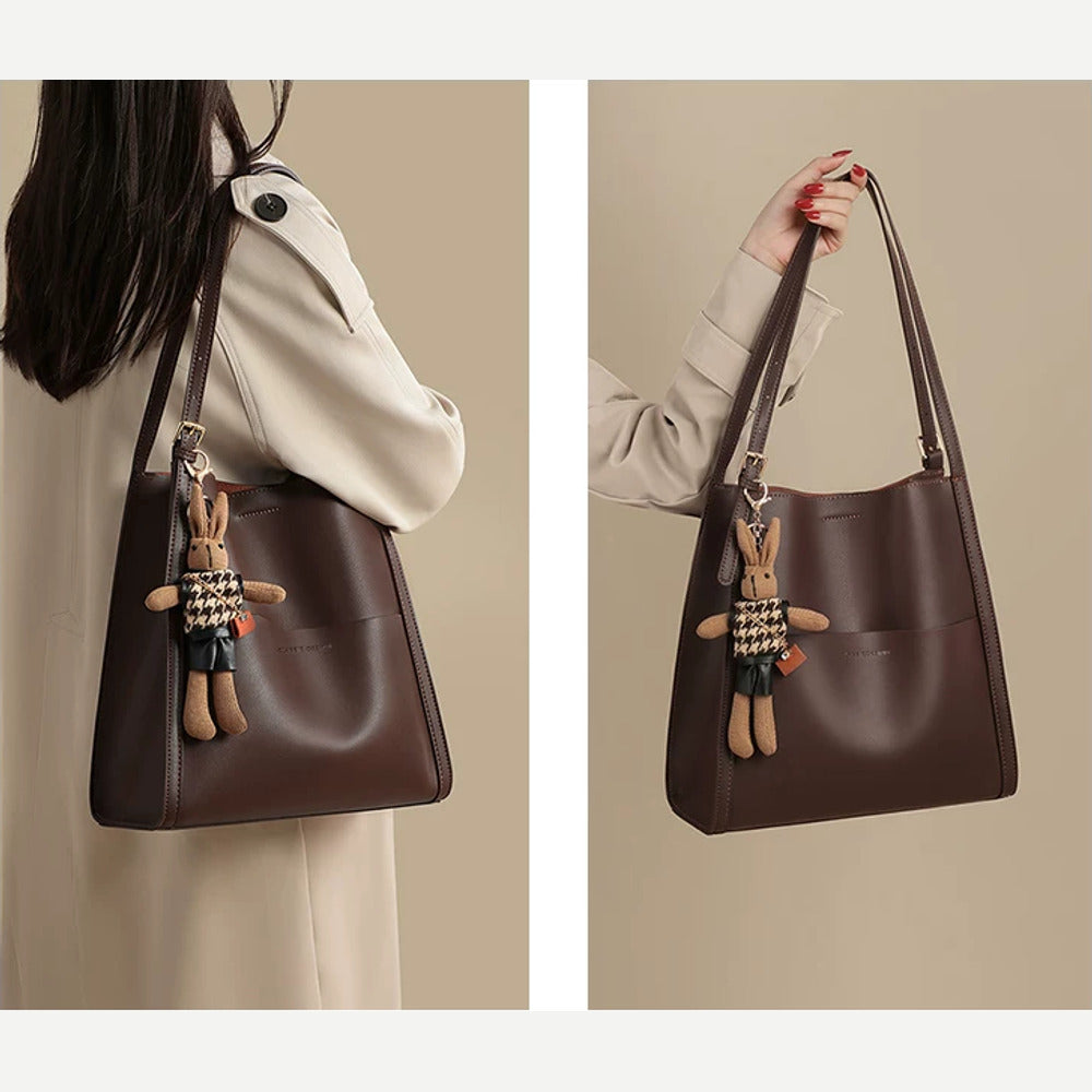 VINEY Leather Bucket Tote Bag with Rabbit Charm, two ways
