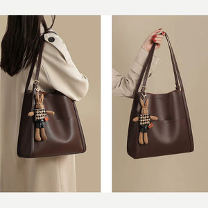 VINEY Leather Bucket Tote Bag with Rabbit Charm, two ways